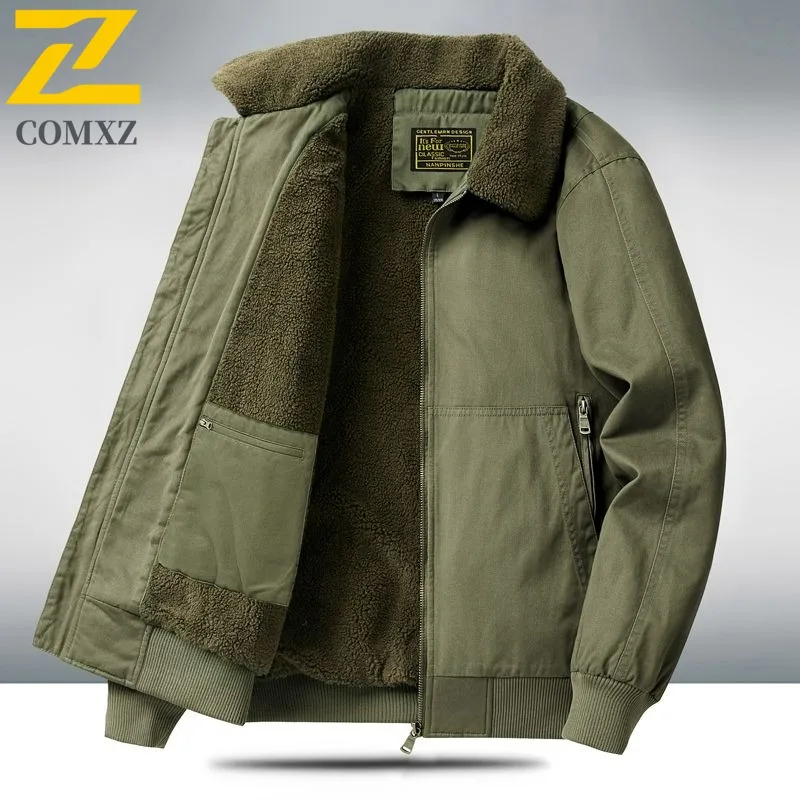 

COMXZ 2025 Мужская толстая куртка с отложным воротником на флисовой подкладке, зимняя хлопковая свободная винтажная рабочая одежда, пальто высокого качества