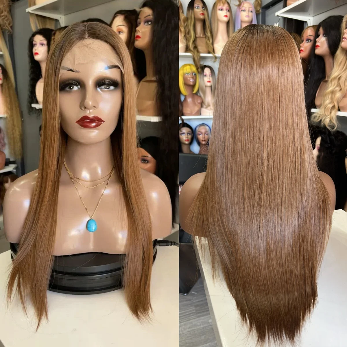 Pelucas llenas de longitud larga, pelo liso Natural, no anudado, pelucas sin pegamento de color marrón castaño ombré, pelo sintético para uso diario en fiestas, 22"
