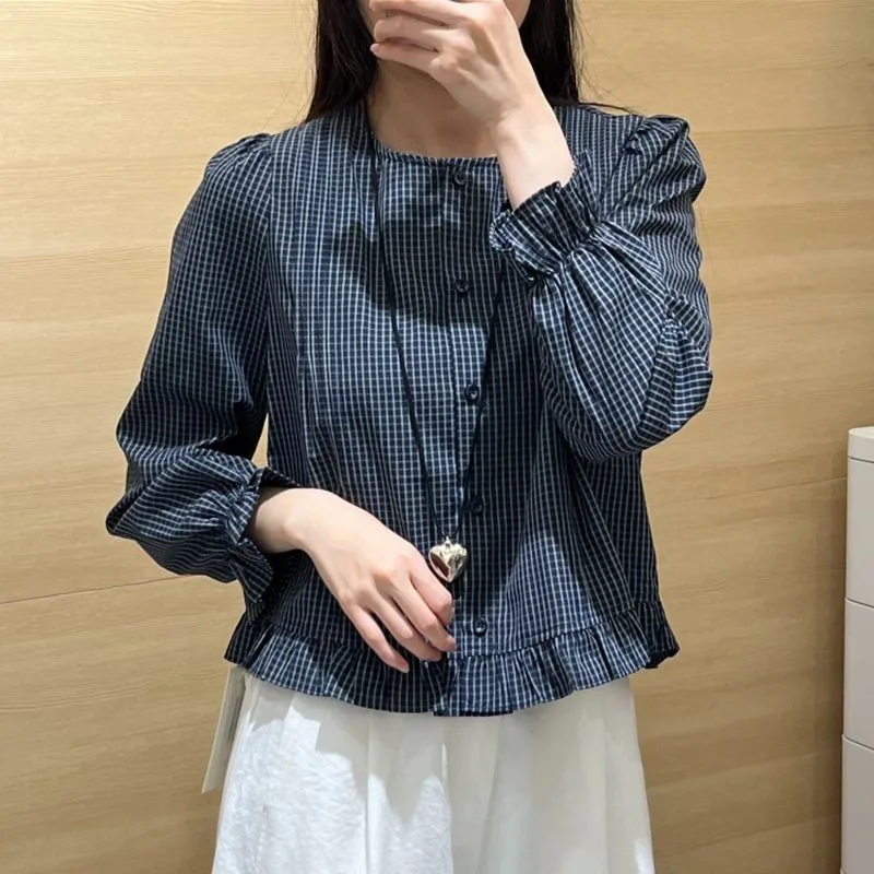 

Европейские товары, осень 2023, новый стиль, рубашка с круглым вырезом и грибком, короткая клетчатая рубашка с пышными рукавами, женские топы