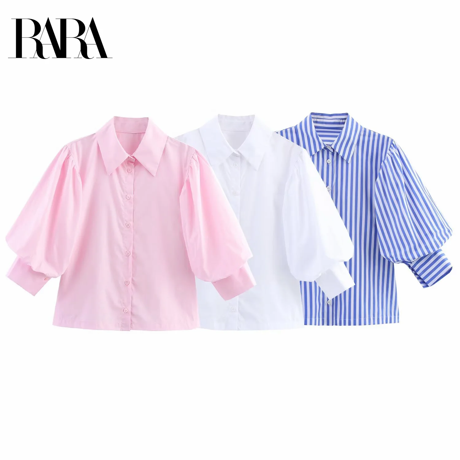 

RARA2025 summer new women's casual and fashionable simple pleated loose seven quarter sleeve lapel short shirt