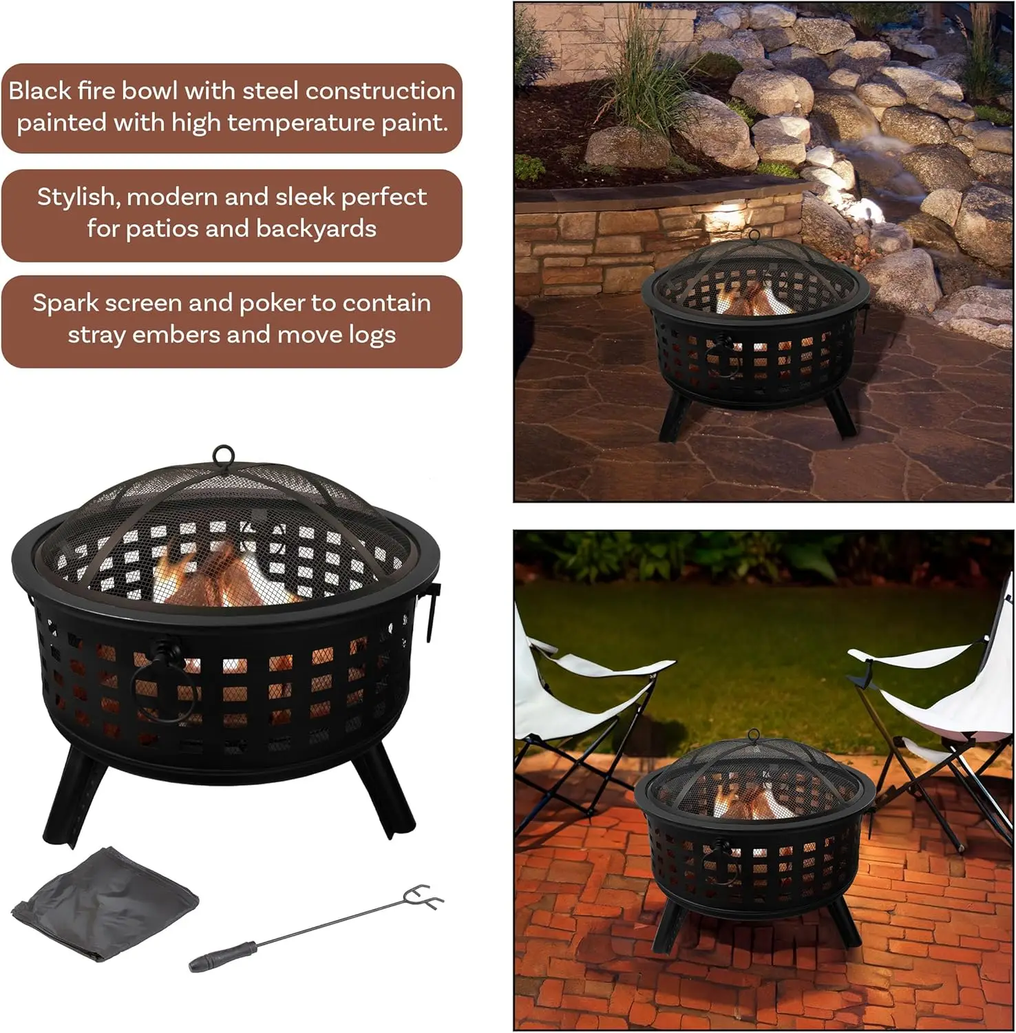 Outdoor Fire Pit - 26-Inch Round Lattice Wood Burning Firepit with Screen, Poker, Grate and Cover - Wood Fire Pits & Outdoor