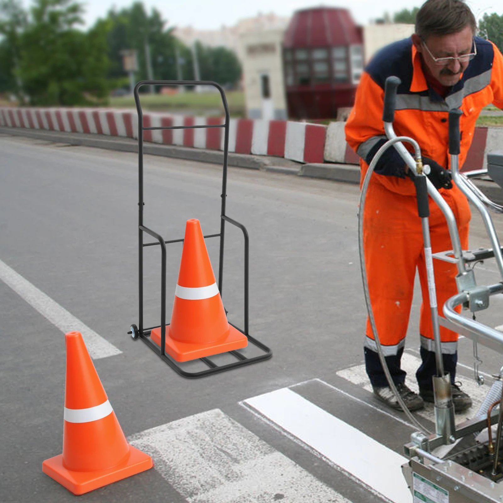 รถเข็นกรวยจราจรสูง 49.21 นิ้ว สำหรับขนย้ายกรวยจราจร ที่วางกรวยจราจรเหล็กคุณภาพสูงพร้อมล้อแม็กซ์สองล้อ