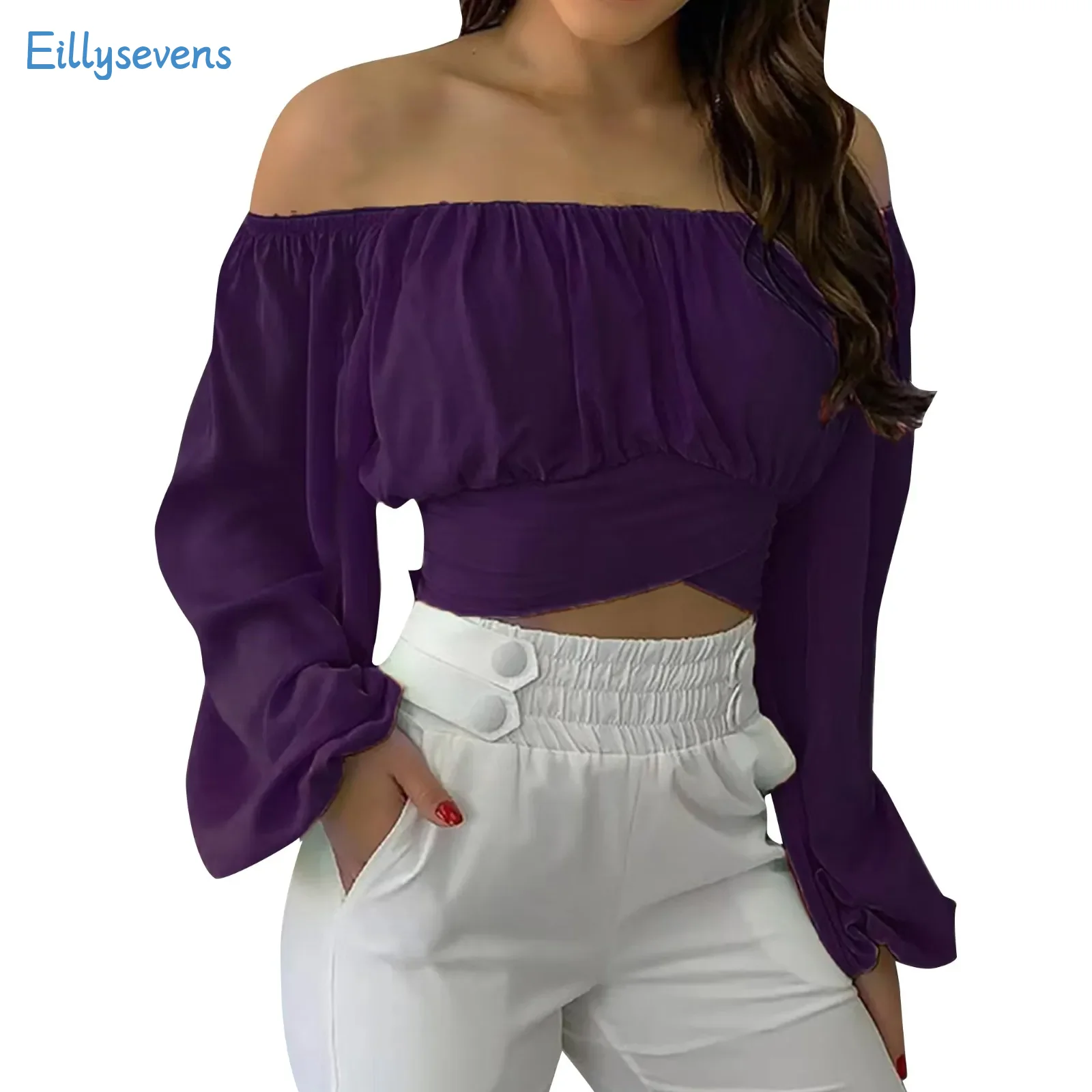 Women'S Off-The-Shoulder Shirts Tops Fashion Trend Cross Strap Long-Sleeved Tops Slim Fit Midriff-Baring Back Lace-Up Tops