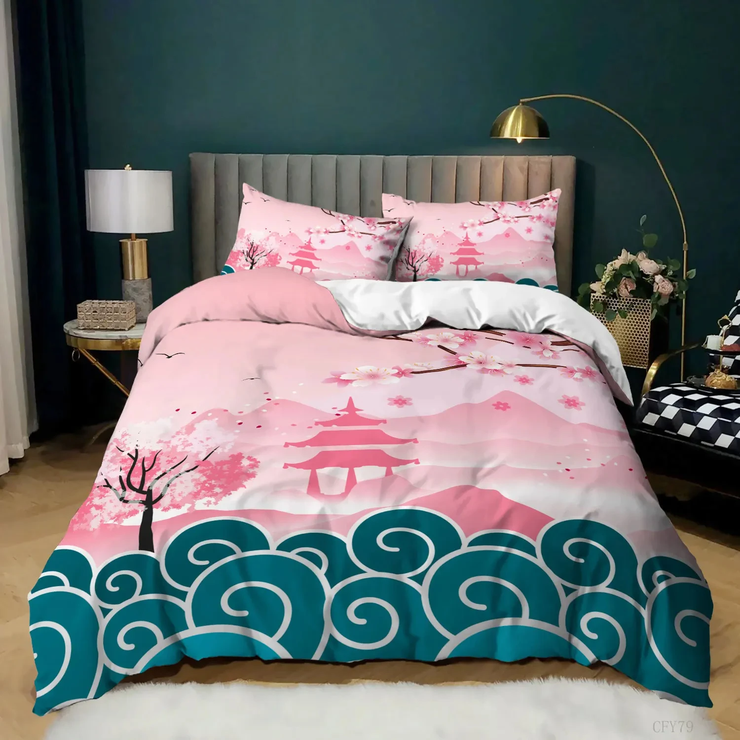 Imagem -02 - Estilo Japonês Ukiyoe Tema Conjunto de Cama para Meninas Capa de Edredão Macia Monte Fuji Flores de Cerejeira Consolador Rei Queen Size