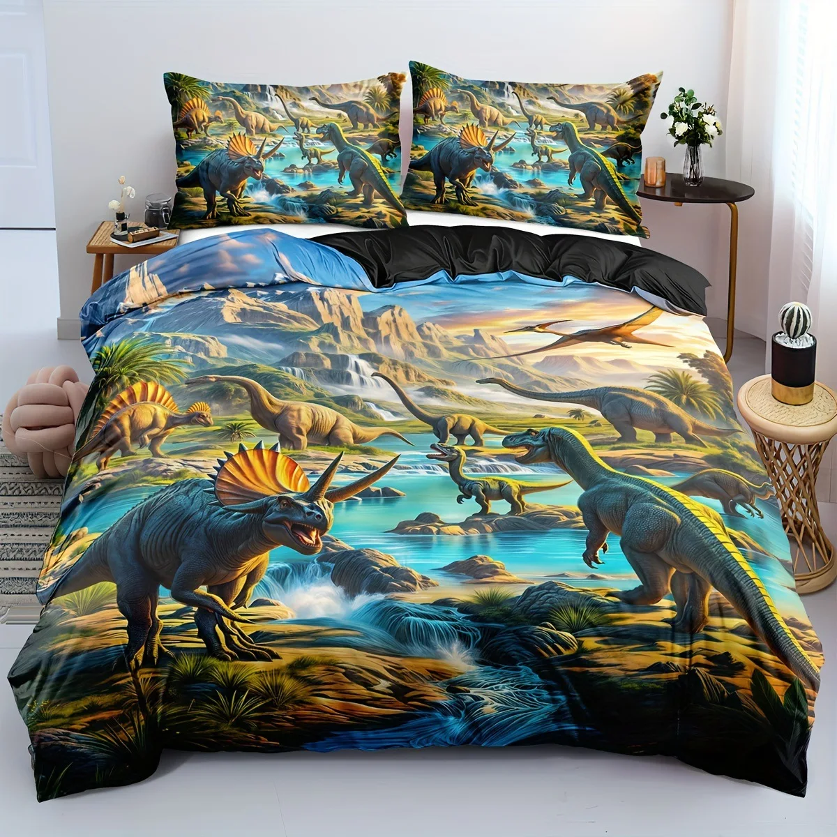 Jurassic Dinosaur Print Duvet Cover Jungle Wildlife Bedding Set 3PCS