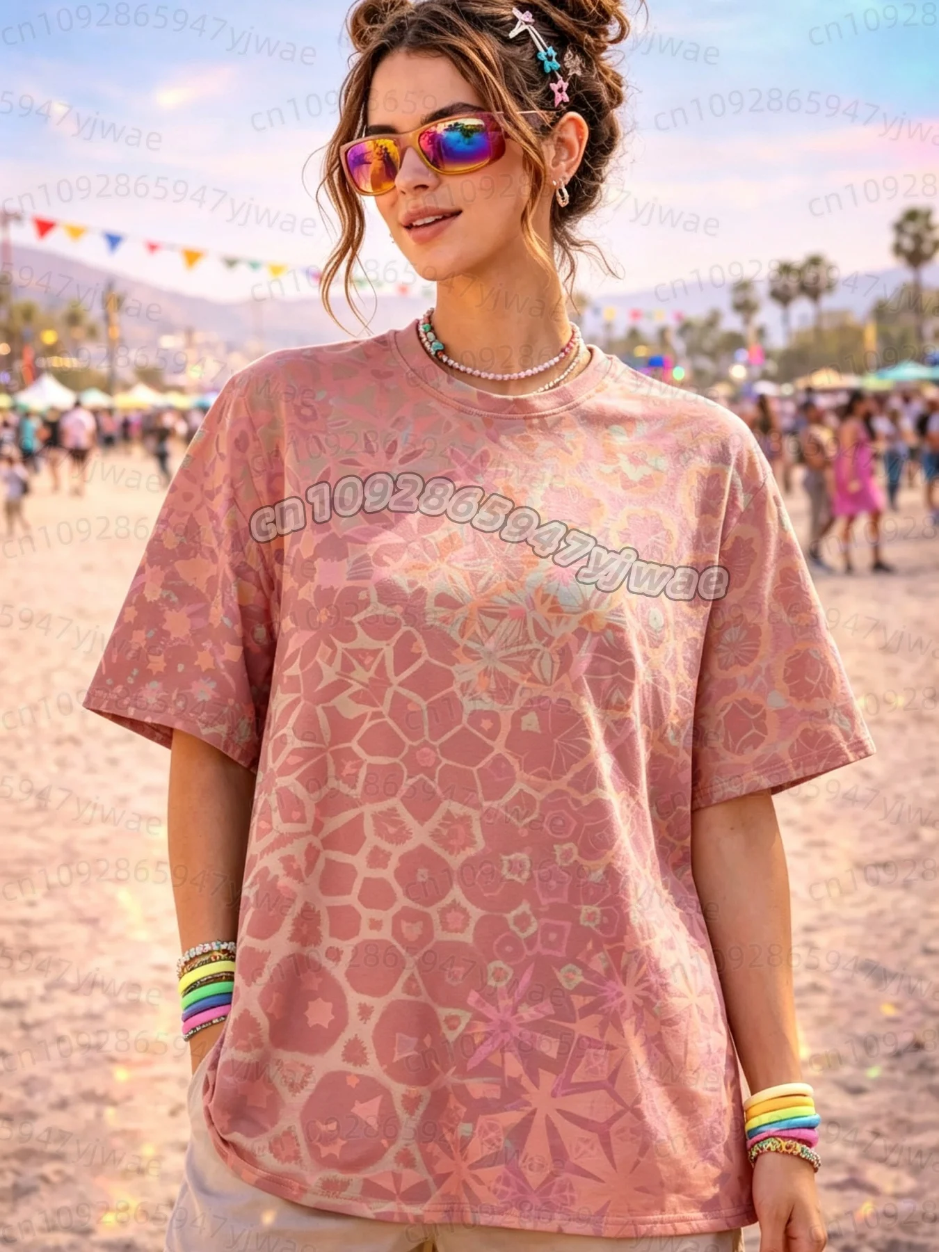 Damen Rave Festival Outfit Oversized T-Shirt Trippy Psychedelic Kaleidoskop Mandala Blumendruck Kurzarm T-Shirt Boho Hippie S – Detail 5