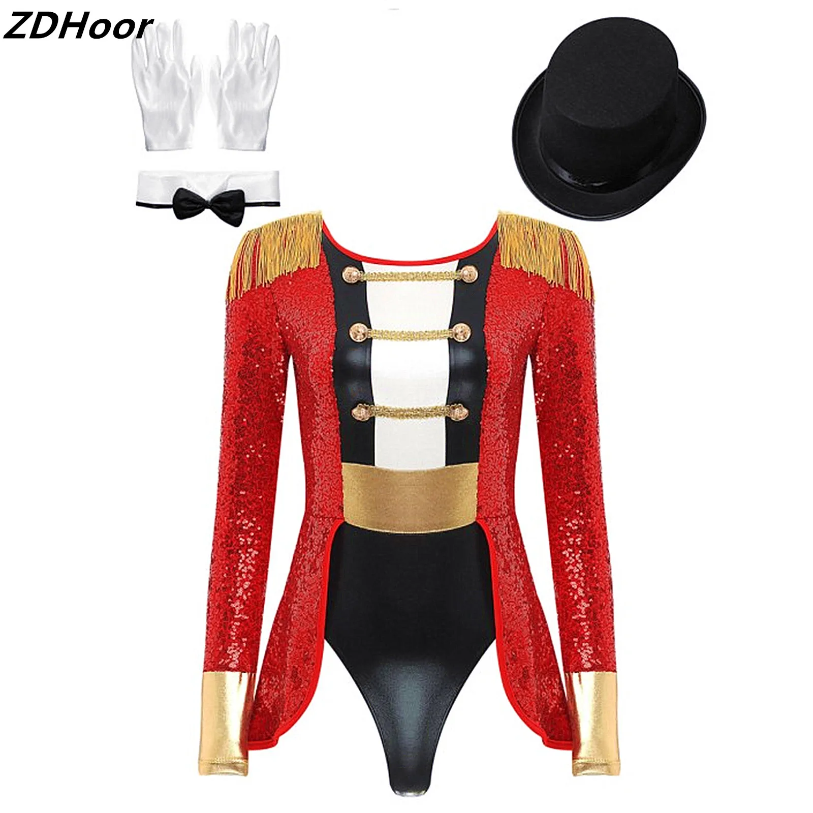 

Womens Sequin Circus Ringmaster Cosplay Costume Set Fringed Shoulder Patchwork Bodysuit with Hat Bow Collar Gloves for Halloween