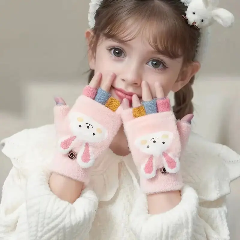 Cartoon Girls' Winter Gloves Cozy And Cute Warm Cold-Proof Flip Top Design for Writing And Skiing Hand Washable Polyester Blend