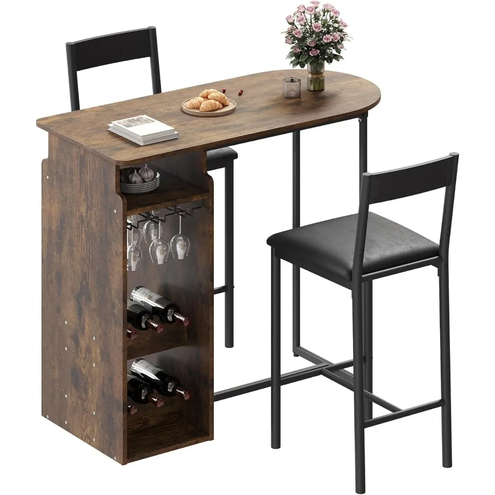 

Bar Table and Chairs Set for 2, Stylish Dining Table with a Triple-Tier Wine Rack, Glass Holder, Elegant Brown Design, and Comfo