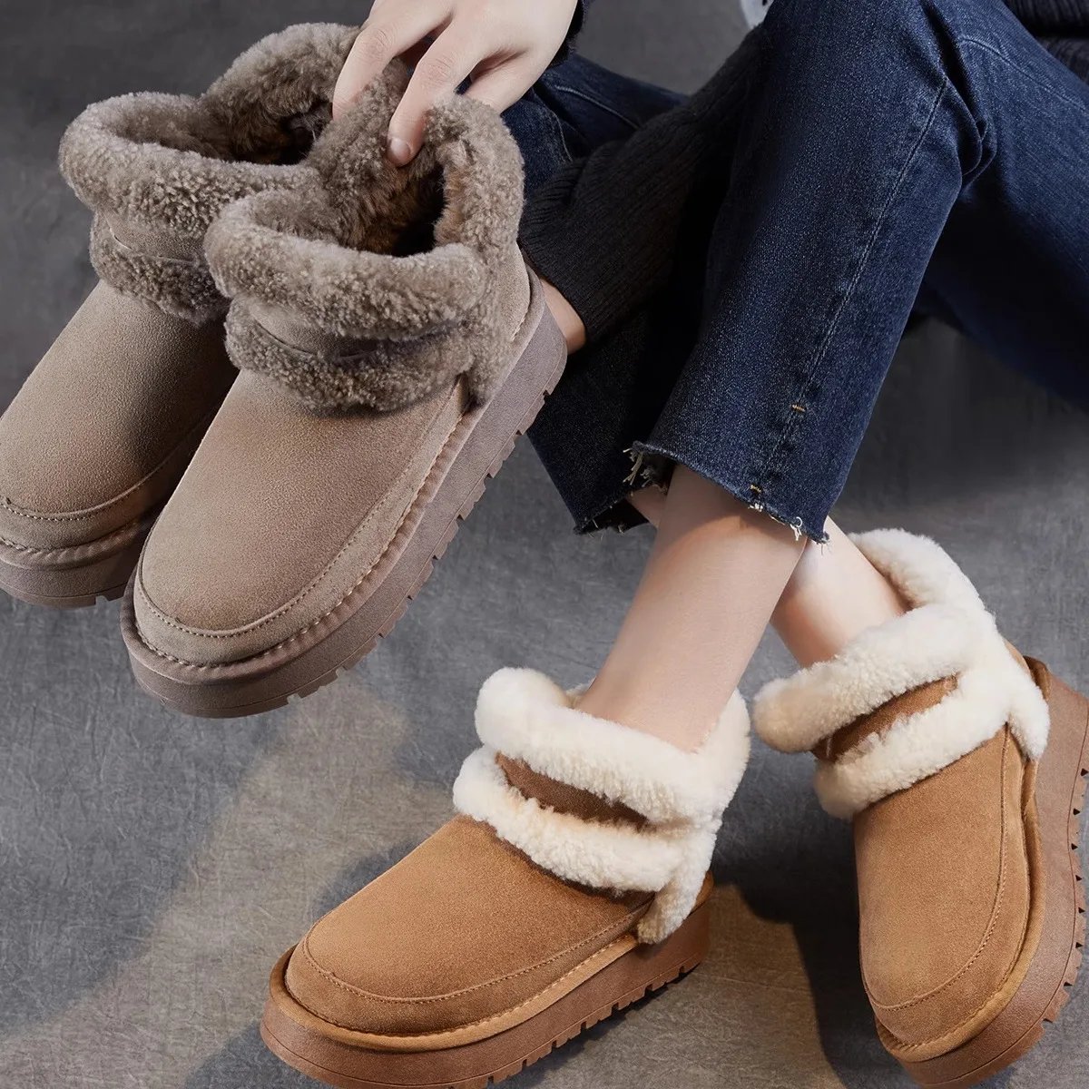 

Warmth Thick Bottom Sheepskin Women's Snow Boots Short Tube Fashionable Fur Lined Leather Boots round Toe Flat Heel Winter Shoes