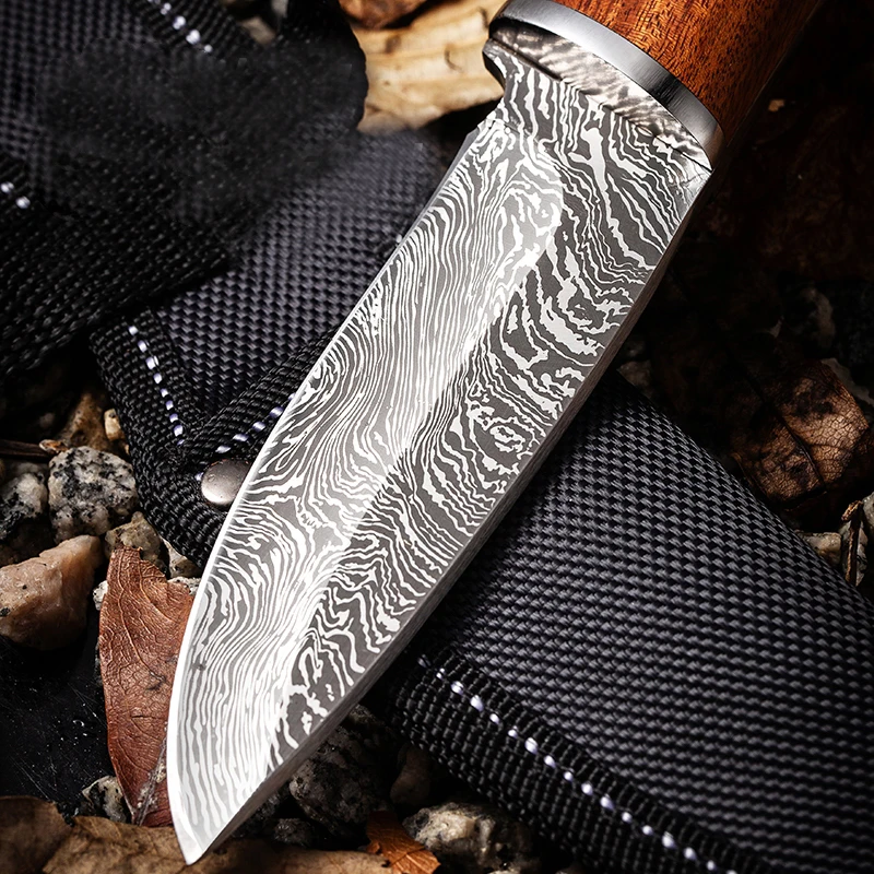 1 pc 9.3 inch, imitation Damascus grain knife, high carbon stainless steel, solid wood handle, for outdoor camping hunting barbe