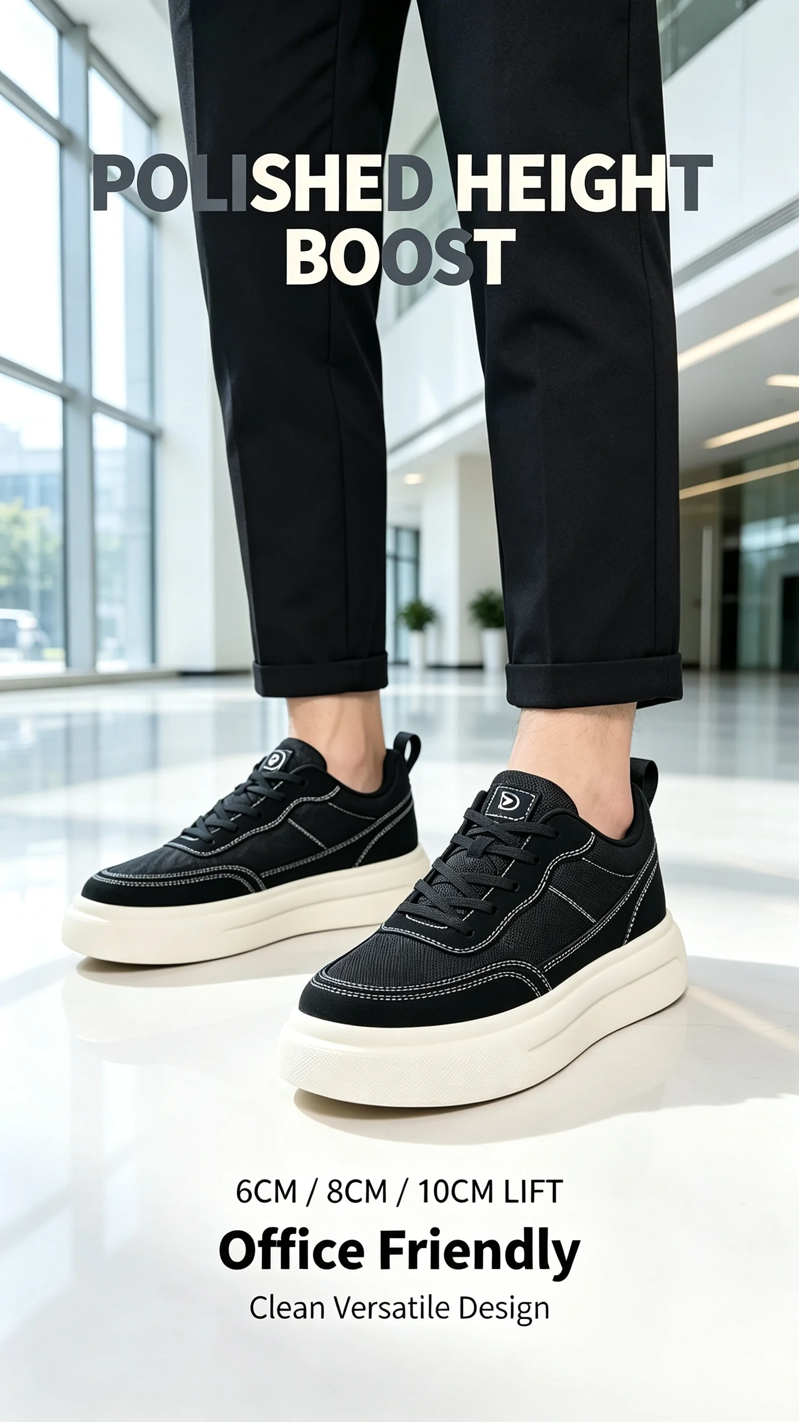 6-10CM Unsichtbare Höhenverlängerung Herren Plateau-Sneaker Schwarz Atmungsaktive Schnürschuhe Casual Höhenerhöhende Skate-Schuhe Alltagsschuhe zum Spazierengehen – Detail 2
