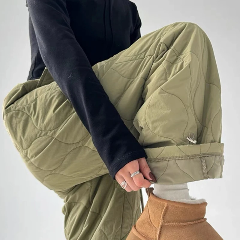 Women Winter Warm Stitched Cotton Pants Casual Loose Quilted Padded Trousers Elastic High Waist Drawstring Pants