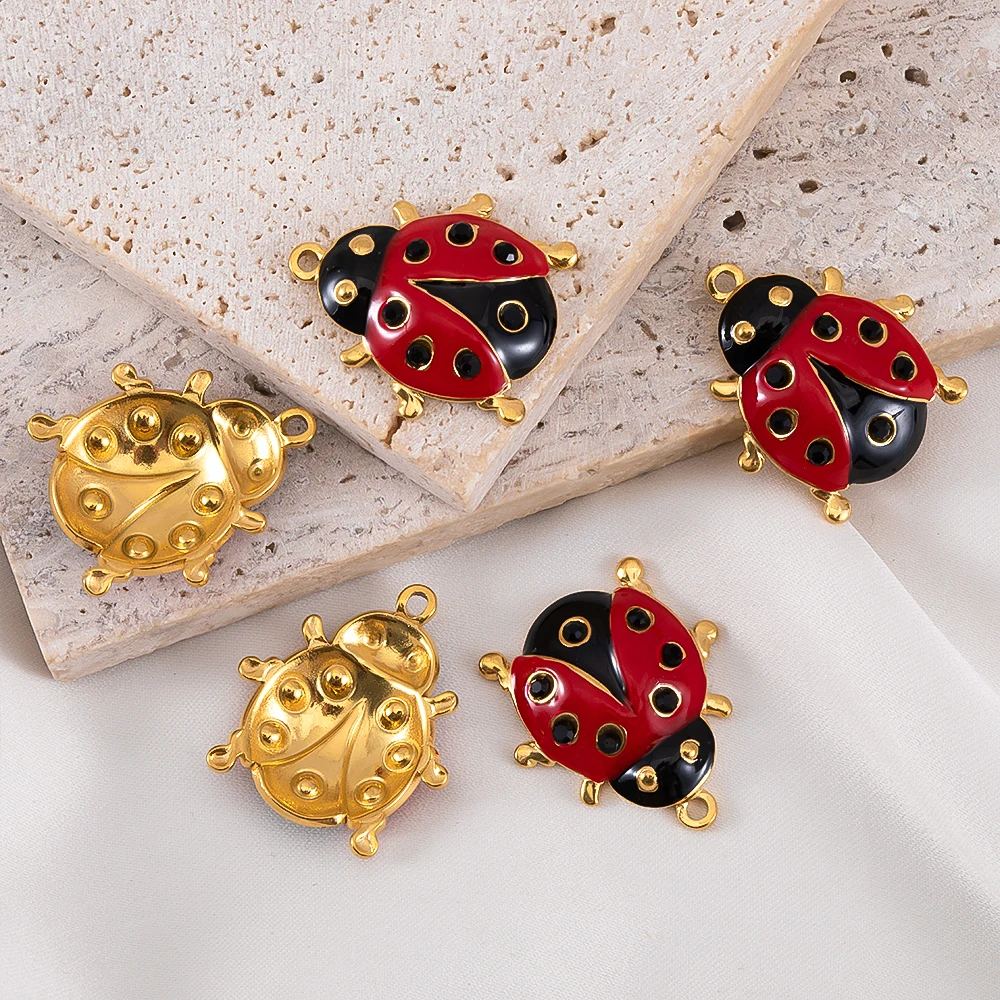 2Pcs Animal Red Ladybug Stainless Steel Charms Gold Plated Enamel Insect Pendant Jewelry Making DIY Necklaces Earrings Supplies