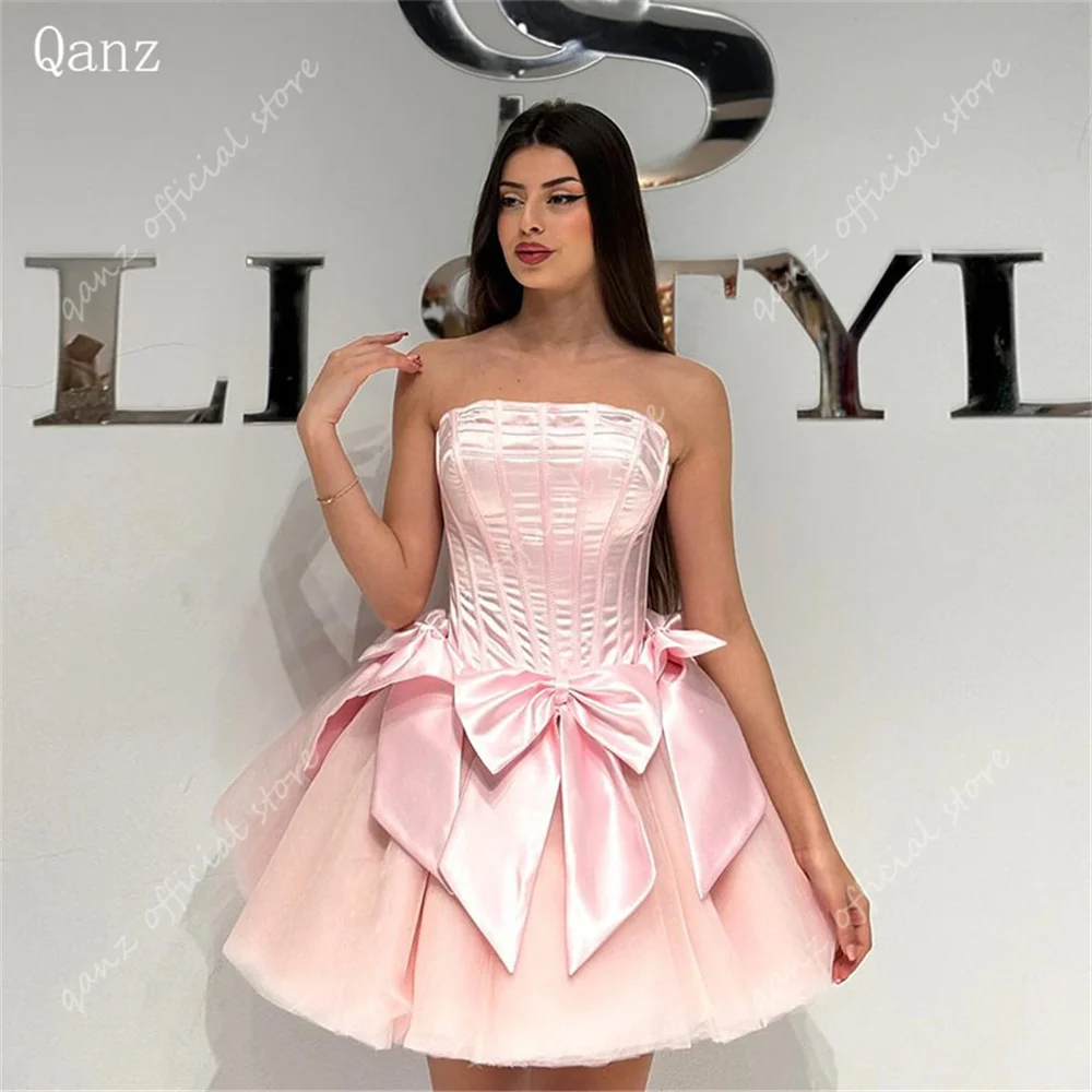 

Qanz Pink Princess Homecoming Kleider Strapless Tulle Lace Up Back Short Homecoming Dresses Bow Vestidos De Festa Customized