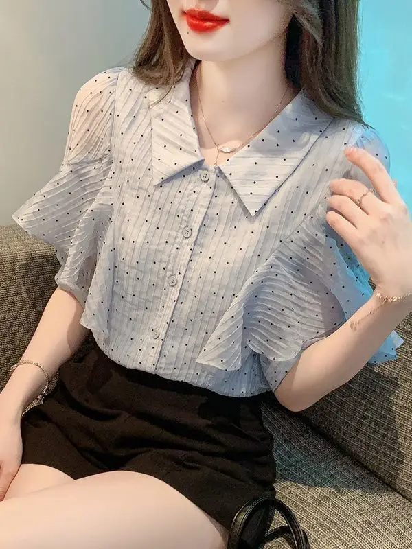 Summer Woman Blouse Short Sleeve Sweet Loose Bright Colors Youth Lively Elegant Puff Sleeve Fashionable Perspective Polo-neck