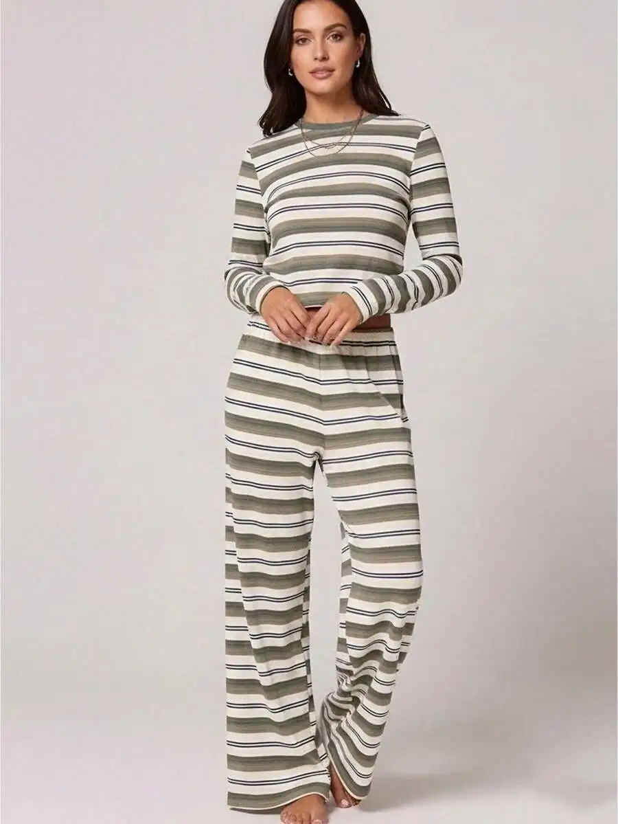 Women Striped 2 Piece Lounge Set Long Sleeve Top Wide Leg Pants Pajama Outfit