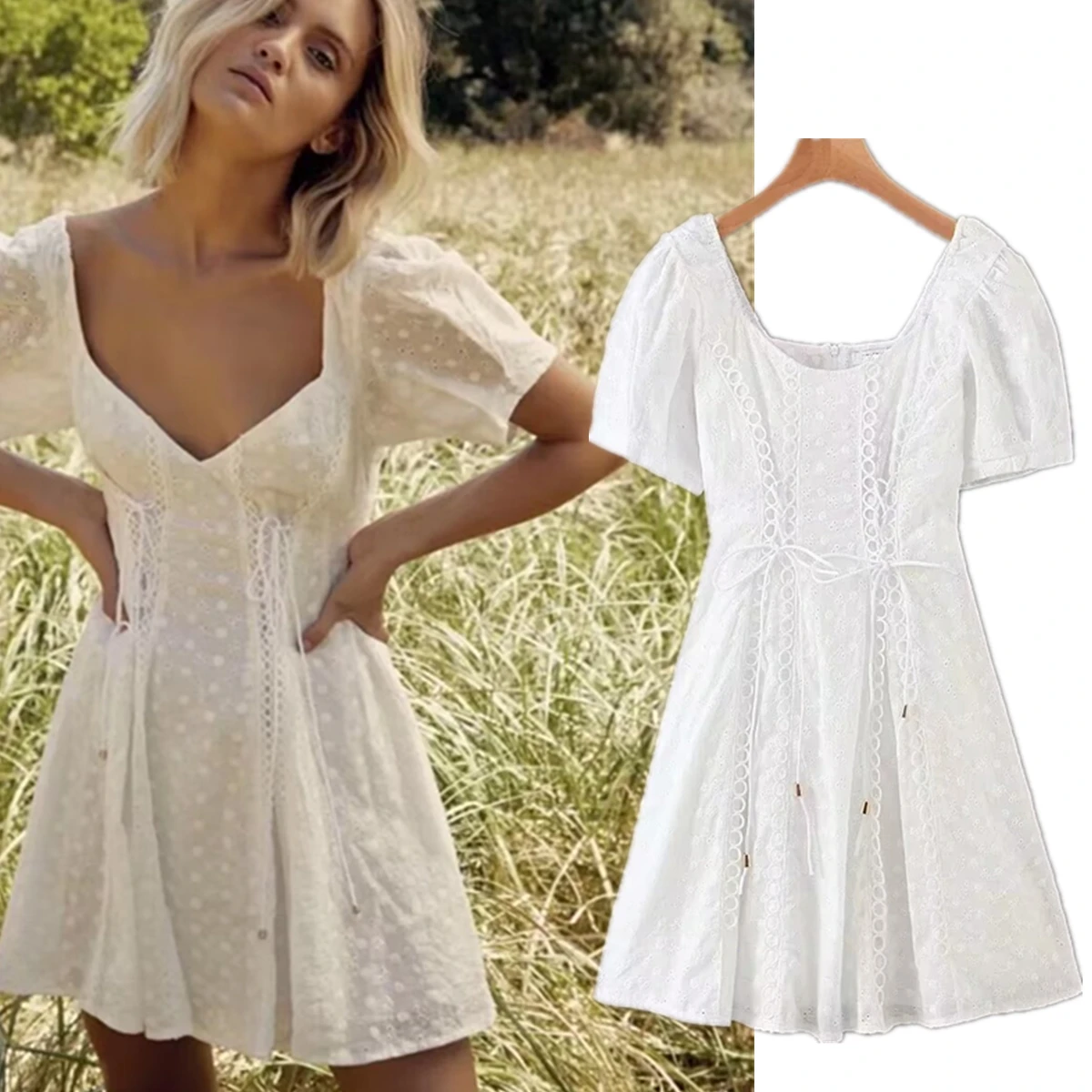 

Maxdutti Elegant Sexy Square Collar Casual For Summer White Mini Dress French Indie Folk Vintage Lace Dress