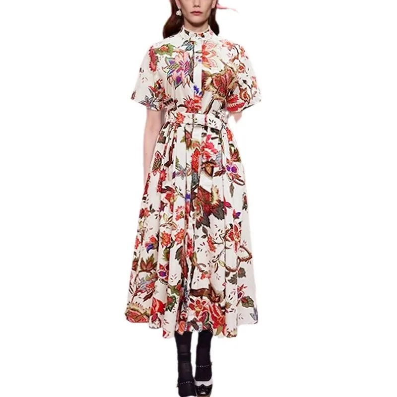 

Fashionable 2024 Summer New Printed Medium Length Skirt with Temperament, Waist Cinching Short Sleeved Shirt Dress