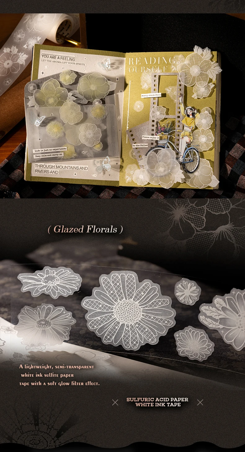 Journal GO 5cmx2m Weißes Blumen-Klebeband mit Tintenmuster, Pergamentpapierband für Journaling, Scrapbooking, Planer, Basteln, Papierwaren – Detail 7