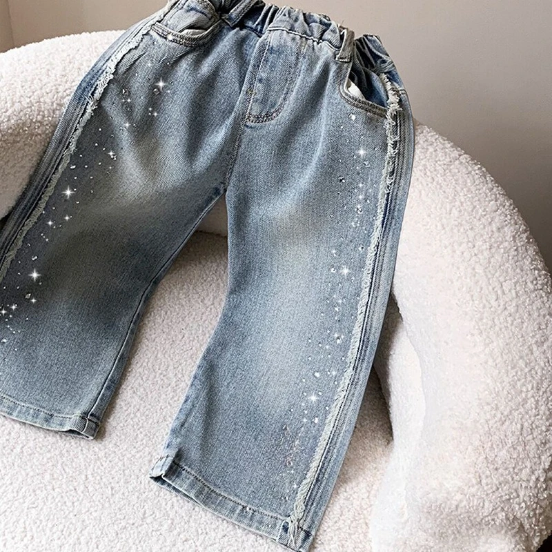 

Mid Waist Straight Leg Denim Jeans Fashion Ripped Girls Student Korean Loose Slim Pants Sparkly Rhinestone Long Trousers JY01084