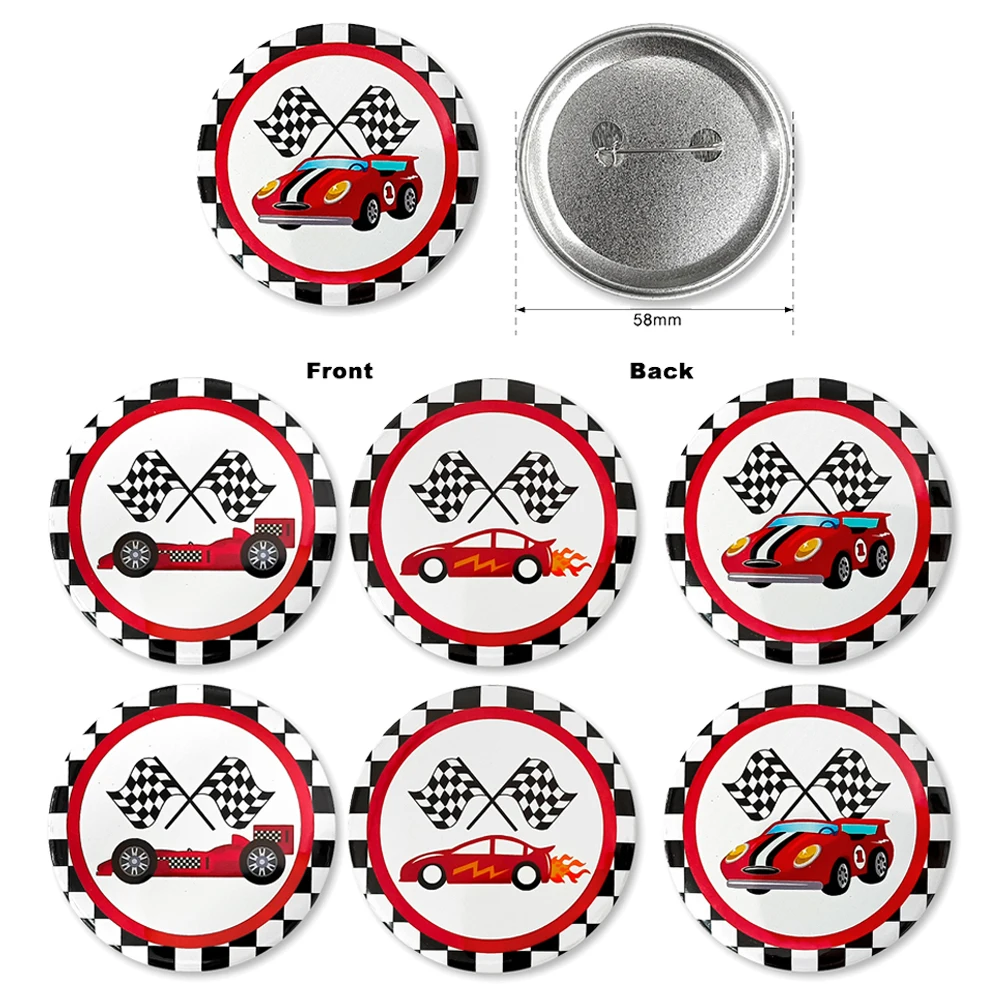 10/20/30/50/100pcs Racing Car Flag Pattern Tinplate Badges Button Pins Boys Happy Birthday Party Clothing Decoration Supplies