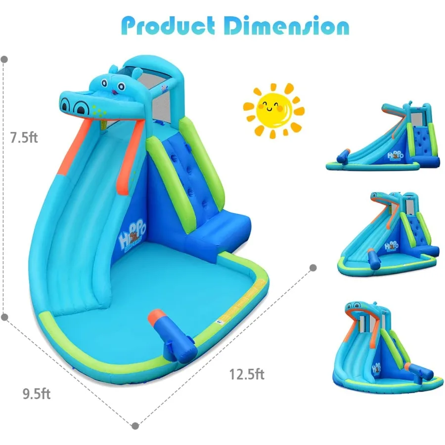 Opblaasbare waterglijbaan, Hippo Water Slide Park Jump Castle Bounce House met lange glijbaan, klimmen, waterkanon, splashpool, achterkant