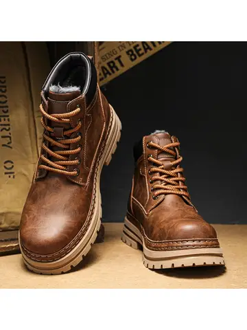 High Top Men's Leather Shoes Fashion Motorcycle Male Ankle Boots Winter Warm Snow Shoes Lace Up Botas Plush Fur Man Ankle Boots