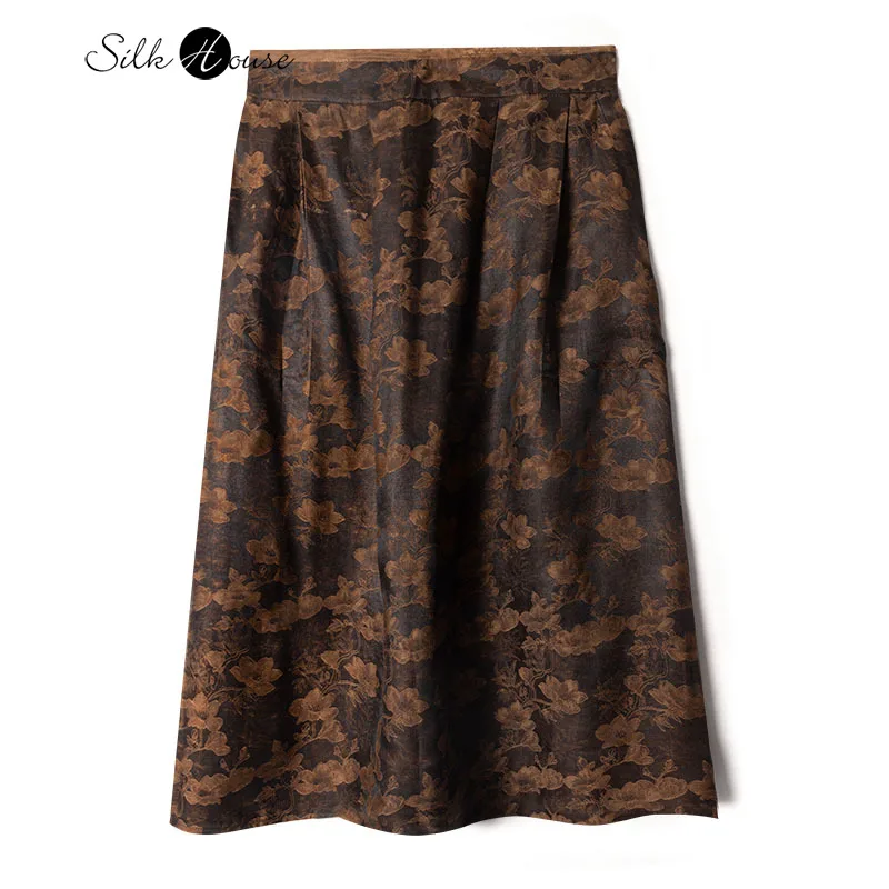 Haitang Blossom 100% Natural Mulberry Silk Fragrant Cloud Yarn Monochrome New Chinese Women's Fashion Elastic Waist Skirt