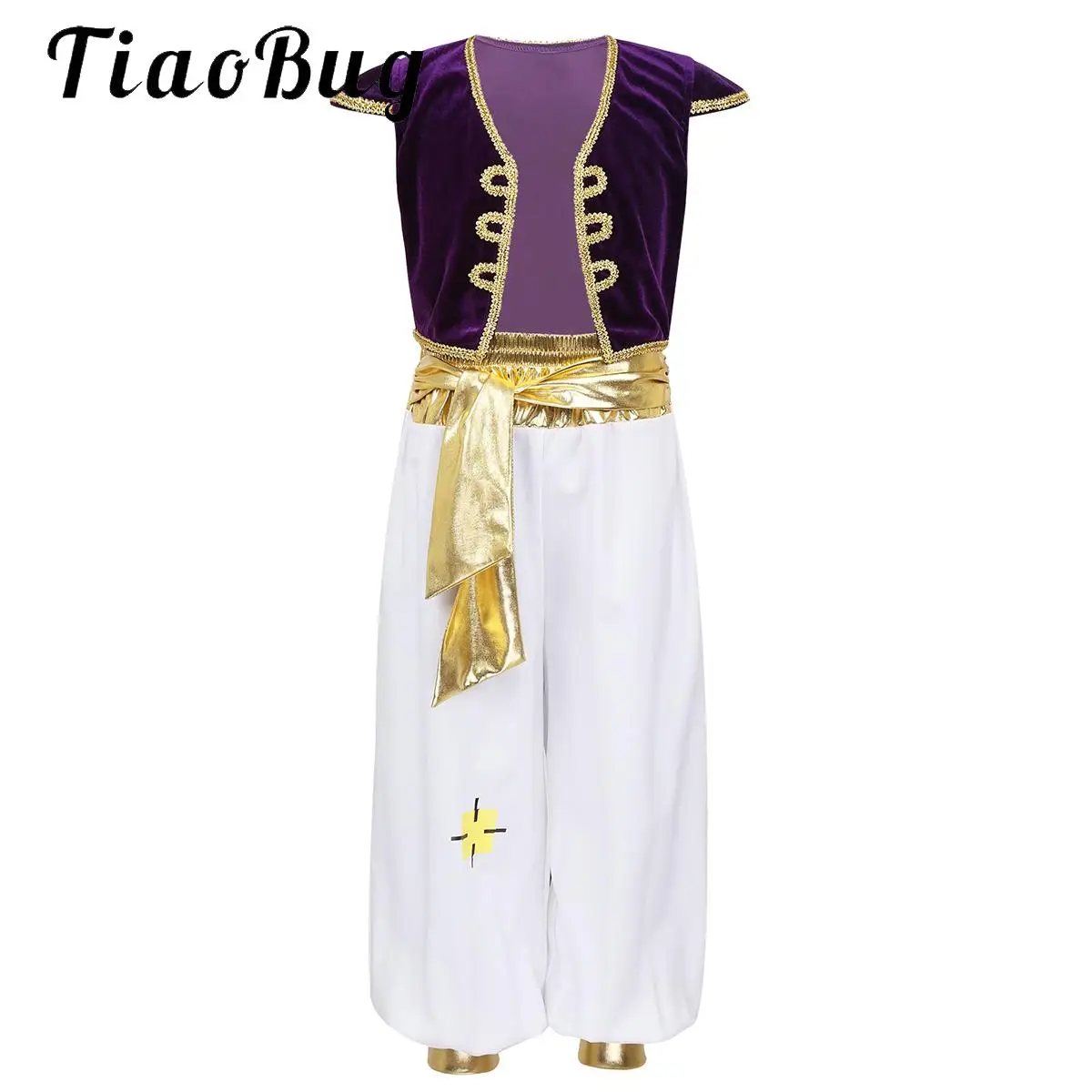 Kids Boys Arabian Prince Costume Outfit Cap Sleeves Vest Waistcoat with Belted Pants Set for Halloween Party Dress Up Cosplay