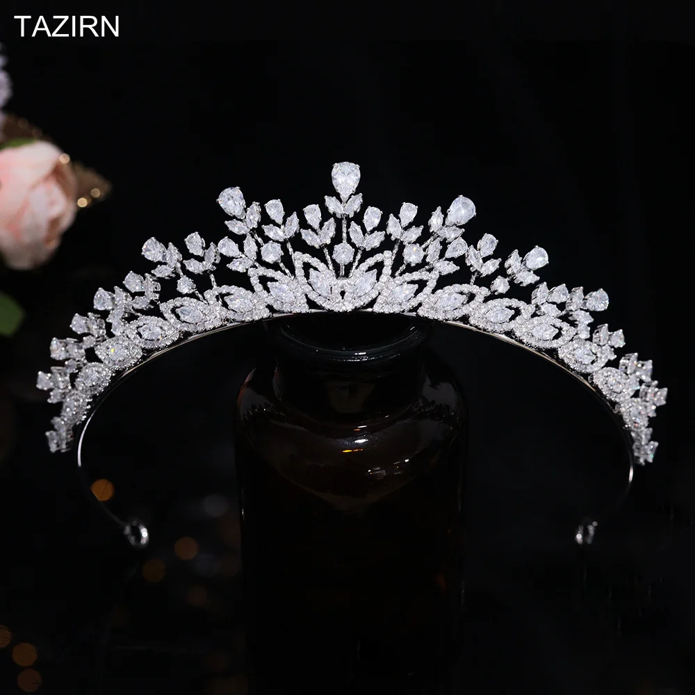 TAZIRN AAAAA Cubic Zirconia Floral Tiaras and Crown for Women Wedding Birthday Party Prom Sparkling Handmade CZ Hair Accessories