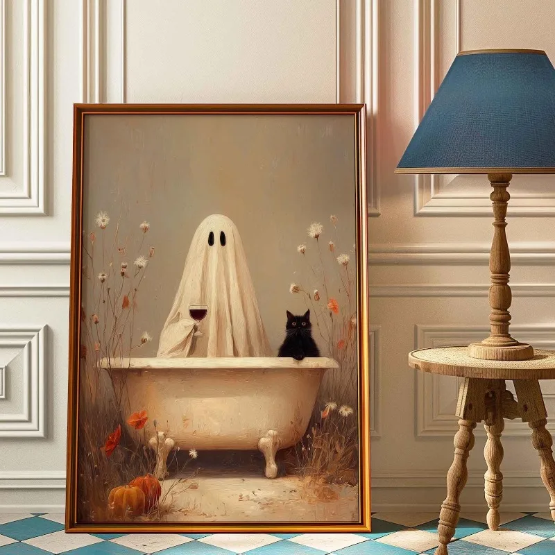 Entzückende schwarze Geisterkatze in der Badewanne, Wildblumen und Kürbisse im Gothic-Stil, Halloween, ungerahmtes Leinwandposter für die Herbst-Wanddekoration zu Hause