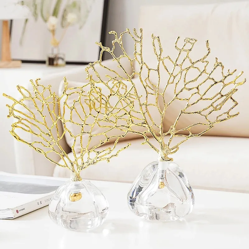 

Nordic Luxury Metal Coral Decoration Gold-plated Crystal Base Living Room Exquisite Handicraft Home Furnishings