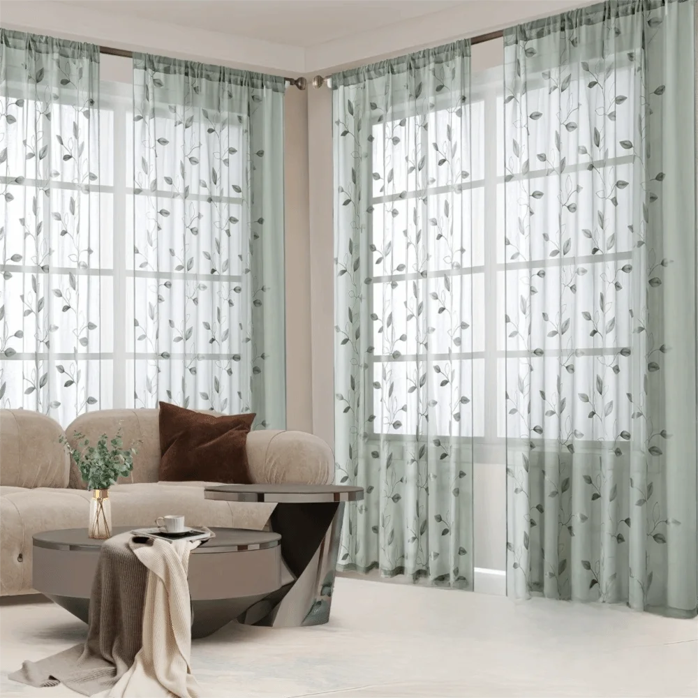 

2PCS Semi-Transparent Embroidered Leaf Window Thin Curtain Through-shaft Type Soft Tulle Curtains Washable Modern Style
