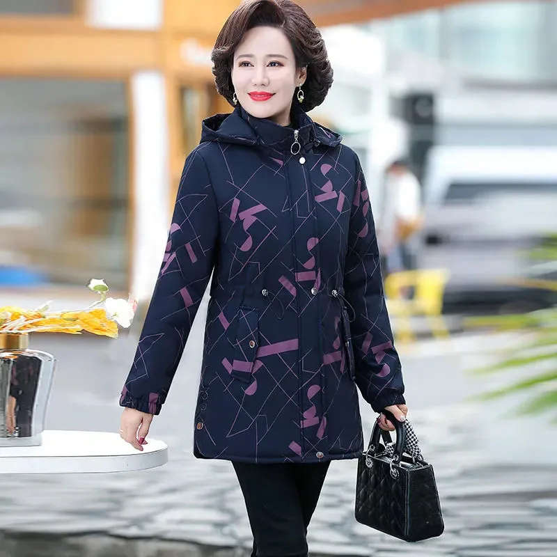 New Winter Warm Quilted Jackets Middle-aged Women's Printed Down Cotton Jacket Hooded Parker Overcoat Casual Female Cotton Coat