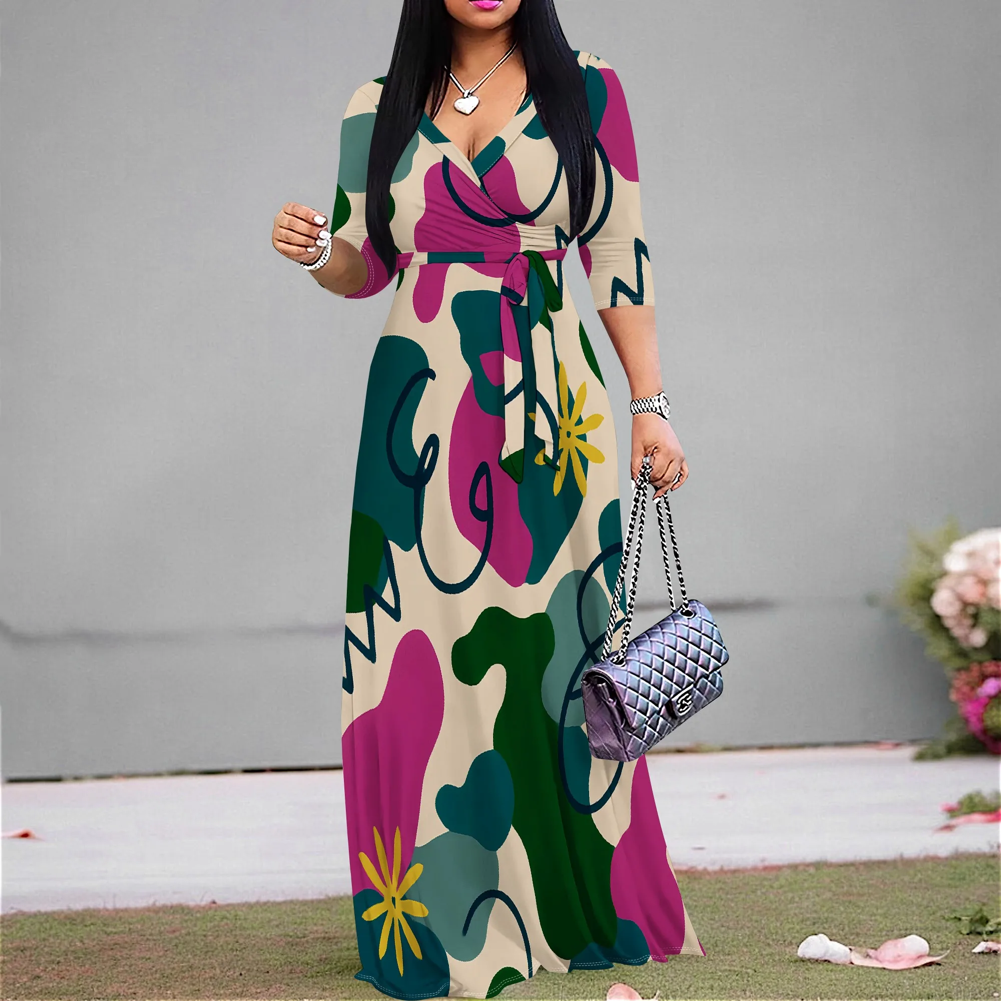 

Women's Elegant Abstract Print Maxi Dress, V Neck High Waist 3/4 Sleeve Wrap Dress with Belt, Bohemian Style Casual Dress XS-3XL