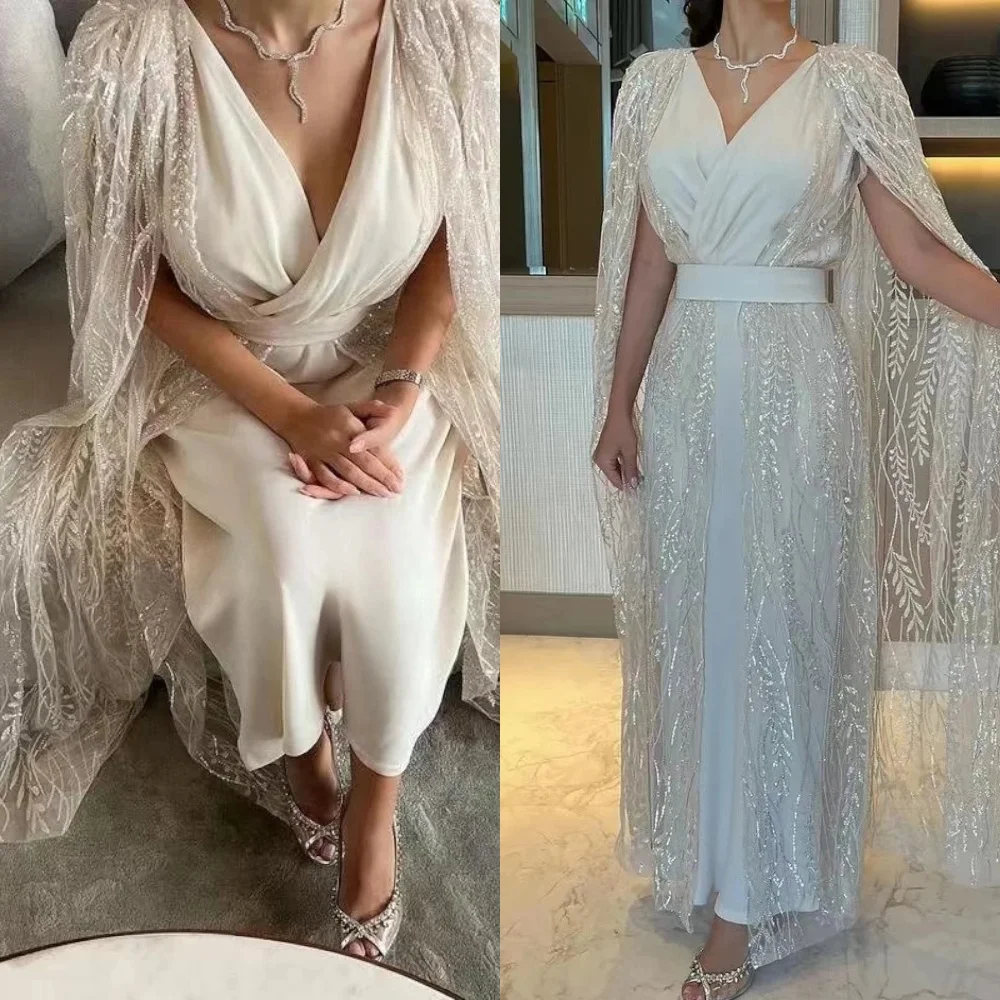 

Customized Delicate White Jersey Evening Dress Elegant Graceful V-Neck Shawl Cocktail Dress Formal Special Occasion Gowns
