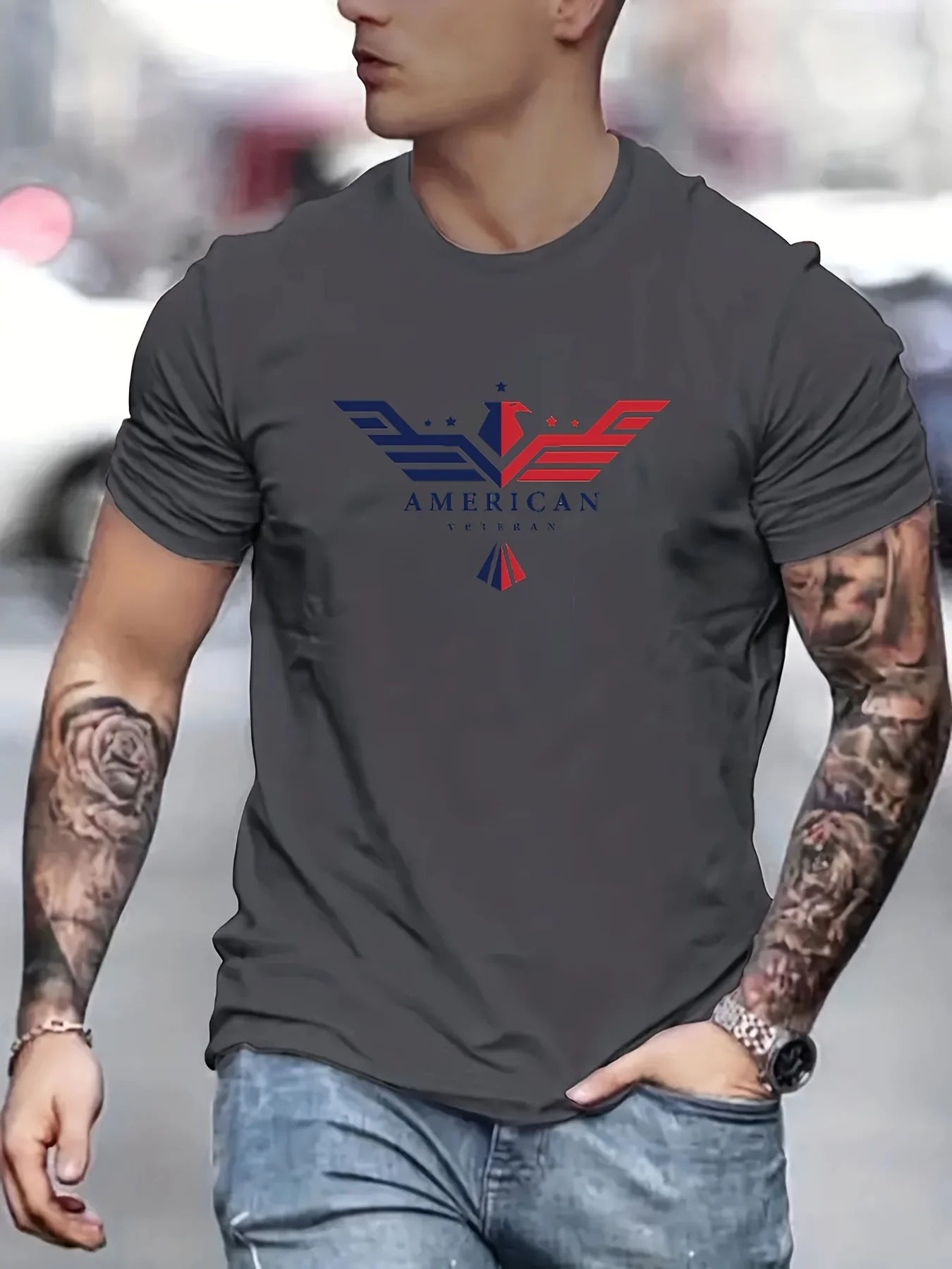 Men's Summer Loose Size Bald Eagle Usa Printed Slim Fit Casual Round Neck Short Sleeve T-shirt Top