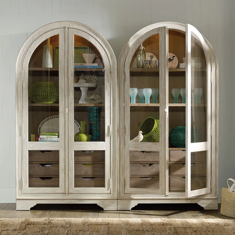 American oak solid wood bookcase French arched book cabinet double door display cabinet dining side cabinet glass door