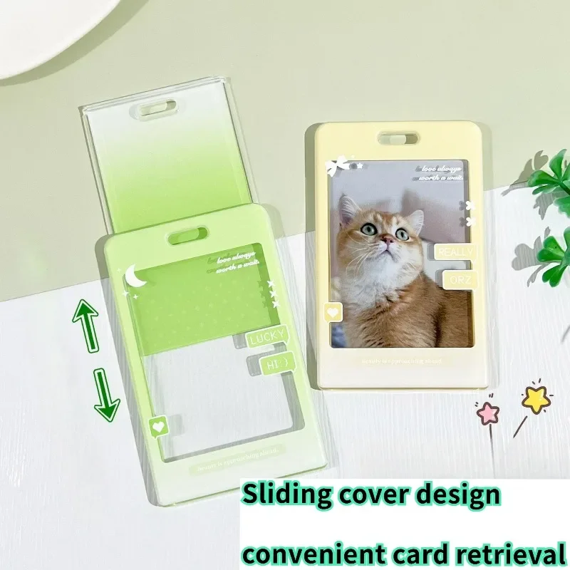 Small Fresh Gradient Color Sliding Cover Card Holder,student Badge School Card Bag,male and Female Photo Holder Protective Cover