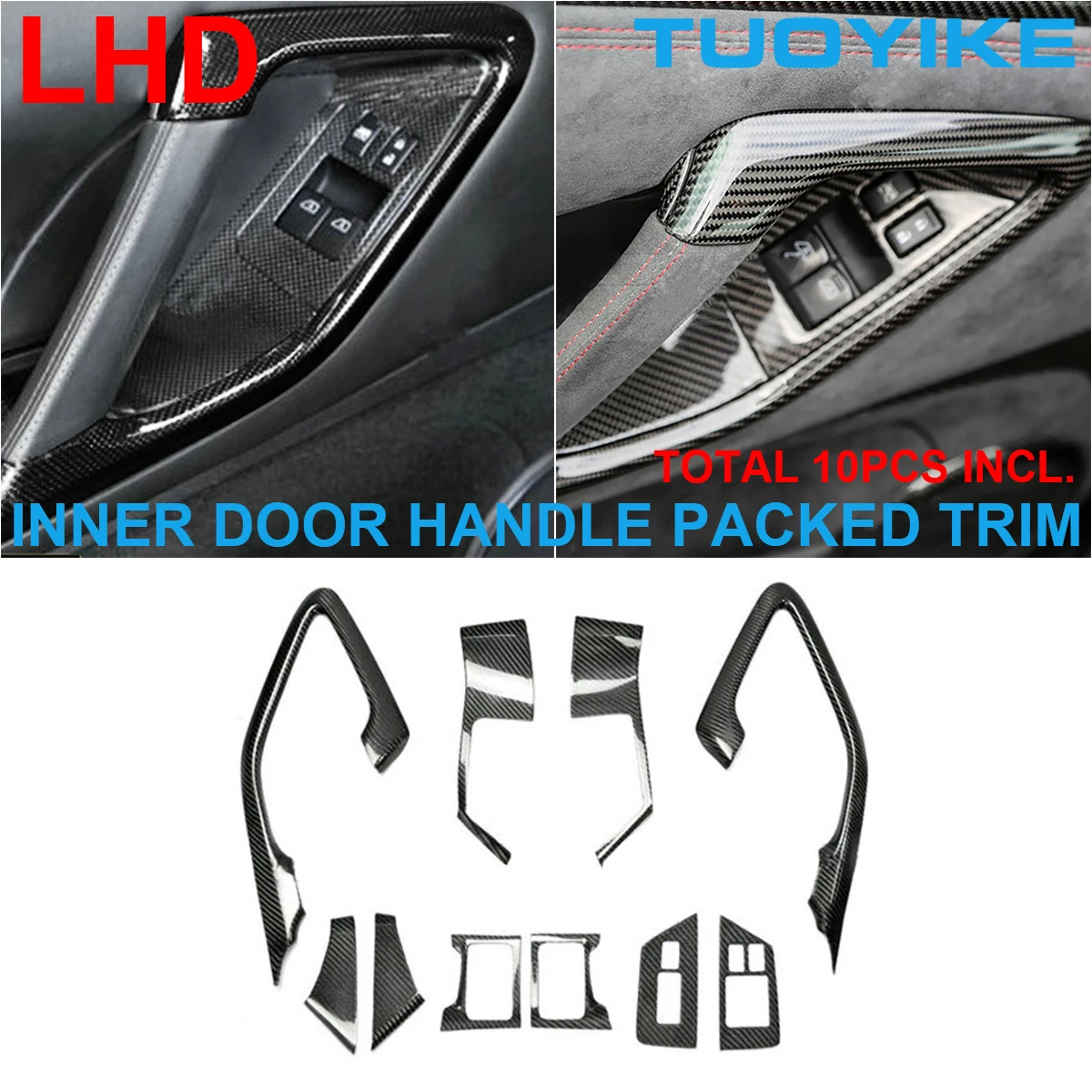 LHD RHD Real Dry Carbon Fiber Interior Door Pull Handle Panel Trim Cover Window Lift 10PCS Pack For Nissan GTR GT-R R35 2008-16