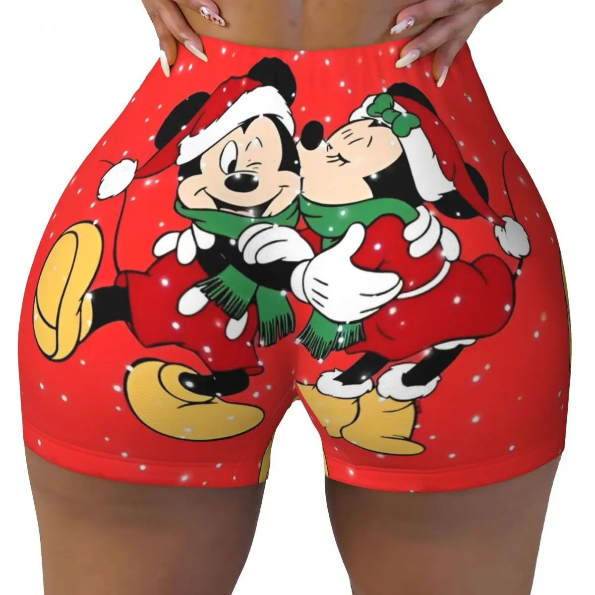 Ladies Workout Yoga Tight Shorts Mickey And Minnie Mouse Holiday High Waist Shorts Christmas Design Workout Leggings