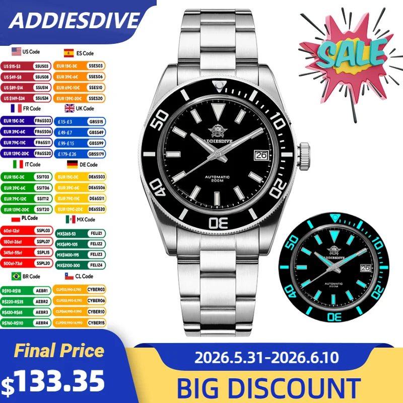 

ADDIESDIVE New 39mm Water Ghost Diver Watch Luxury Sapphire Stainless Steel 20Bar Waterproof AD2084 Automatic Mechanical Watch