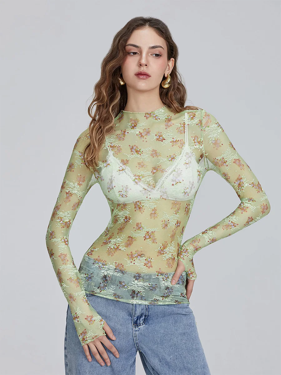 wsevypo Chic Floral Sheer Mesh Long Sleeve T-Shirts Women's See-Through Mock Neck Slim Fit Casual Shirts for Spring Summer