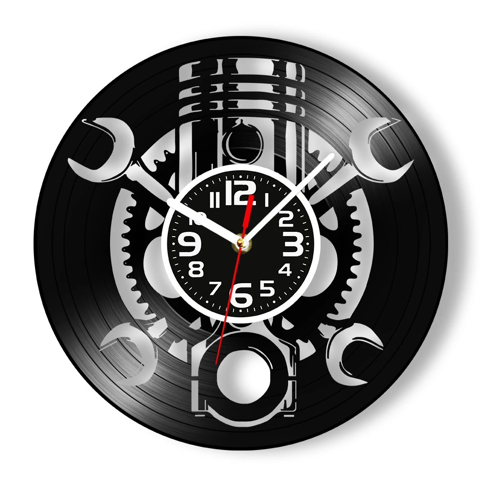 Auto Mechanic Vinyl Record Wall Clock For Garage Man Cave Workshop Repair Wrench Piston Gear Retro Wall Clock Handyman Idea Gift