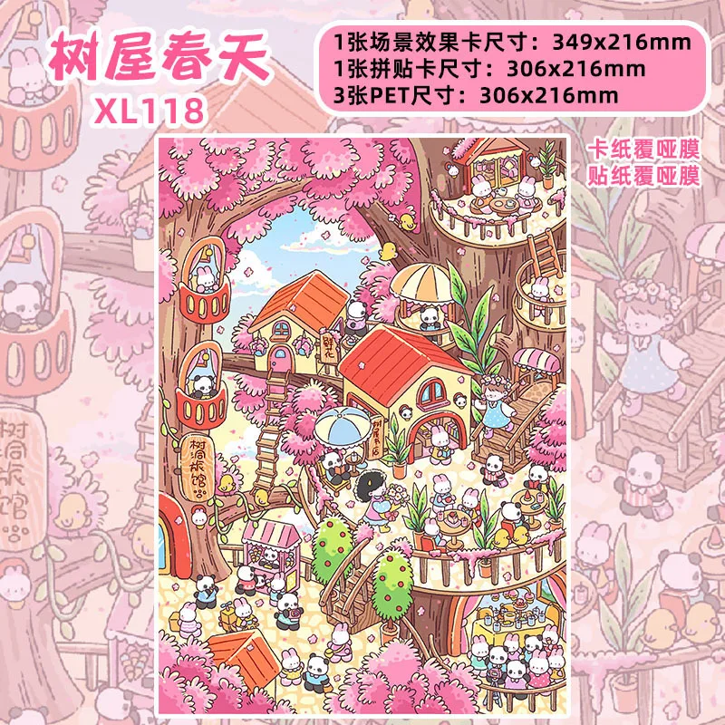 Stiker Miniatur Pemandangan Empat Musim Kota Rumah Pohon Kartun 3D Kawaii Ukuran Besar, Stiker Pemandangan Bertumpuk untuk Scrapbook Buatan Tangan