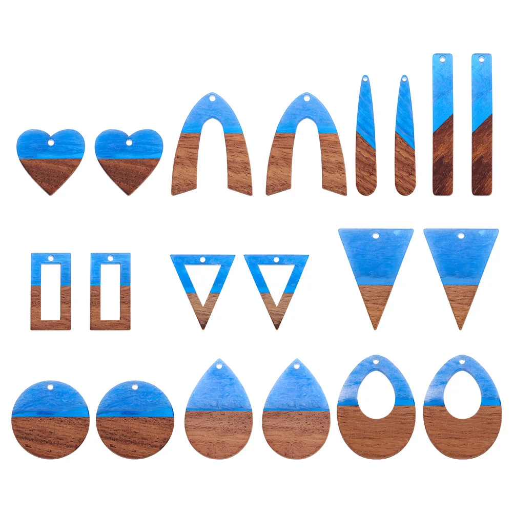 20Pcs Transparent Resin & Walnut Wood Pendants Two Tone Color Mixed Shapes Royal Blue for Making DIY Jewelry Earring Charms