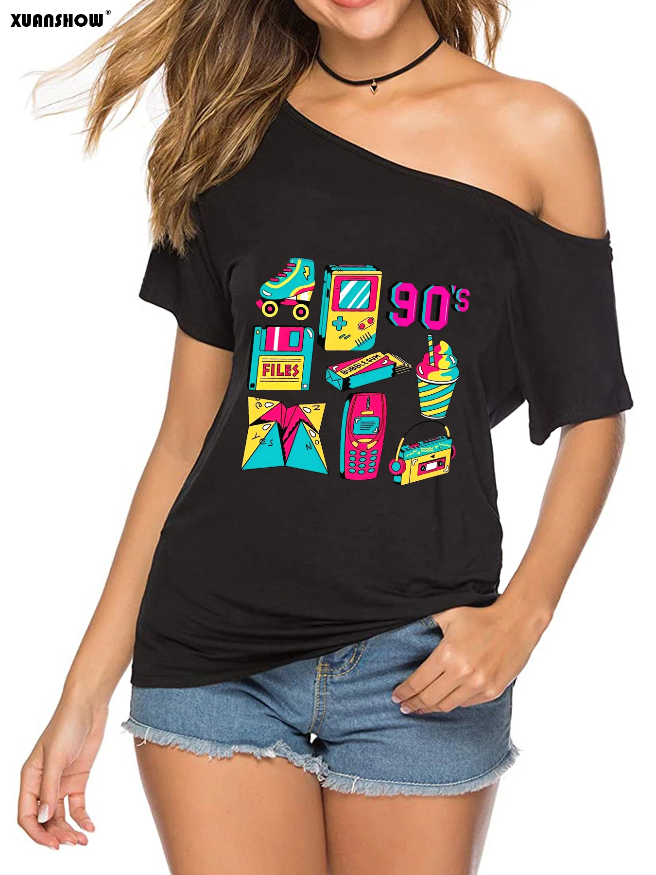 Modisches Damen Off-Shoulder T-Shirt 90er Retro Grafik Bedrucktes Kurzarm-Oberteil für Freizeitkleidung – Detail 4