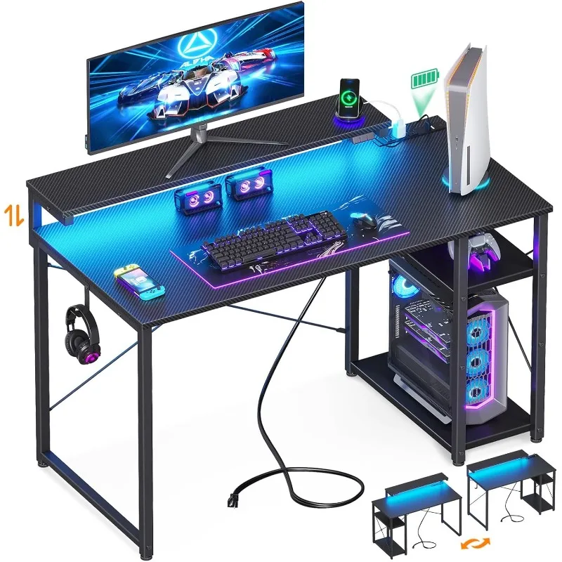 Gaming Desk with Led Lights & Power Outlet, 40 Inch Small Gaming Computer Desk with Shelves, Reversible Gamer Desk T