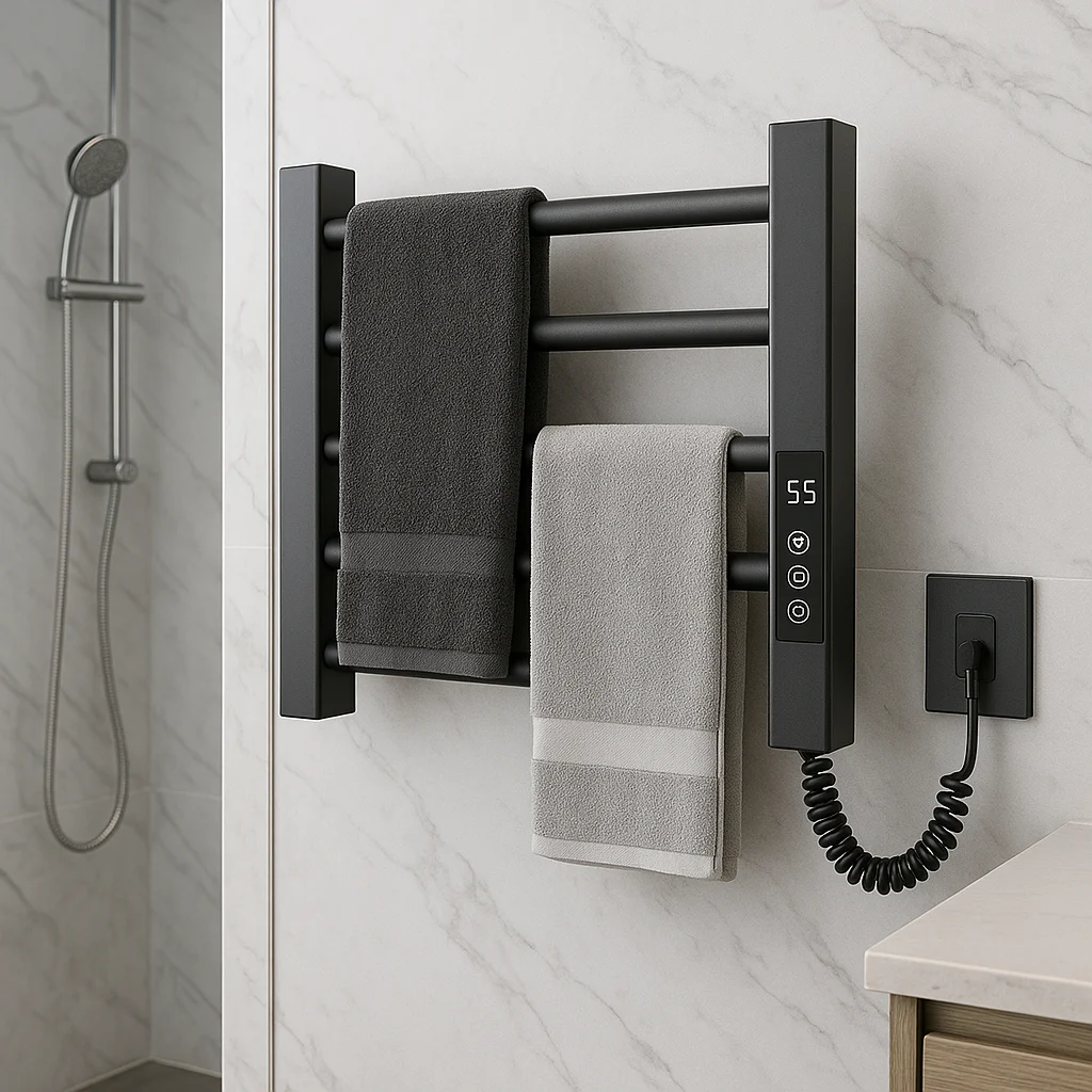 Mini matte black electric towel heater SUS304 stainless steel spa towel dryer wall-mounted heating hanger for family bathroom